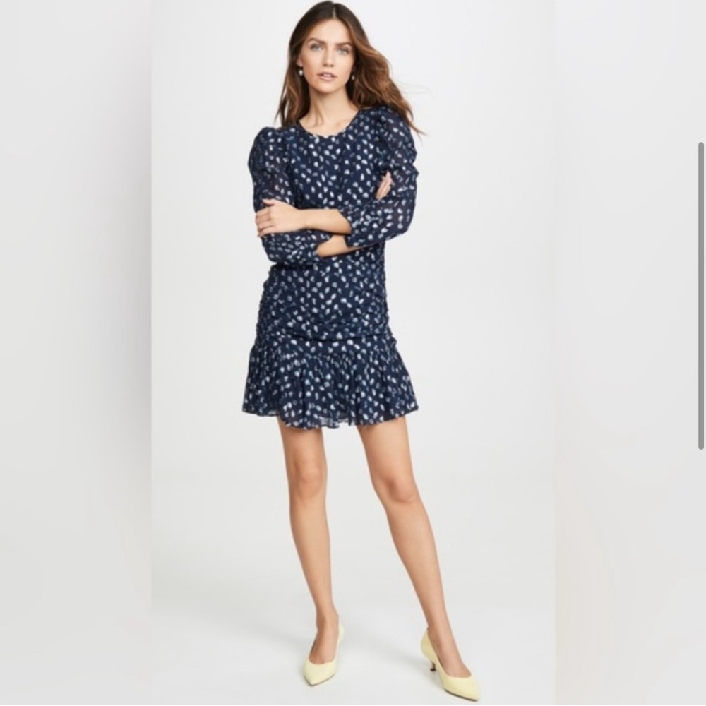 Tanya Taylor Raven Ruched‎ Navy Blue Drape Flounce Dress.